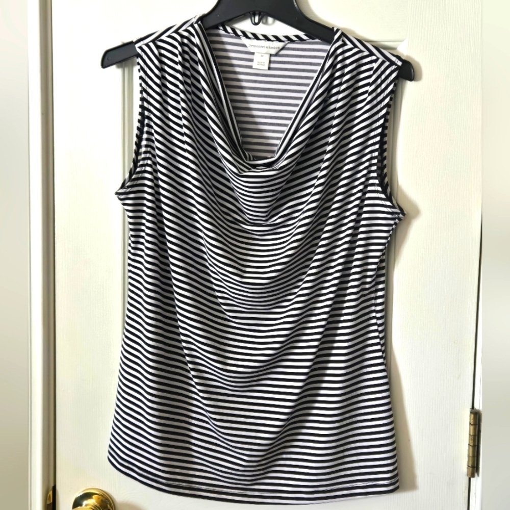 Christopher & Banks Sleeveless Top Tank Black Ehite Stripe Cowl Neck Medium